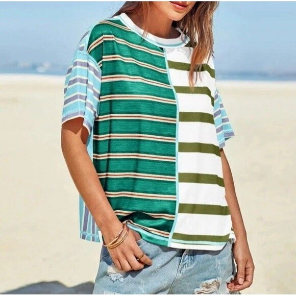 Free People Get Real T-Shirt Oversized Medium S/S Color-block Striped Green New - Picture 2 of 16